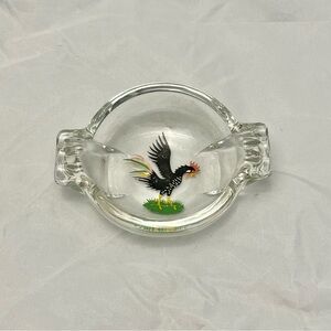 Sport King Federal Heavy Glass Ashtray With Painted Black Rooster, Vintage EUC